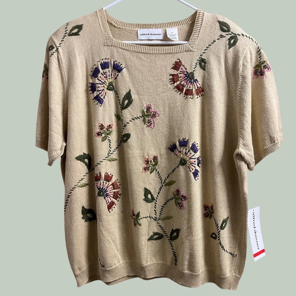 Alfred Dunner Knit Sweater XL Beige Floral Embroidered Vintage Short Sleeve